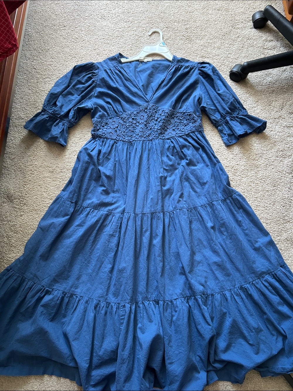 Blue Cotton Tiered Dress with Lace Waist